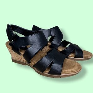 Vintage 7 Eight Women’s Black Leather Open Toe Cork Wedge Sandal Sz 7.5